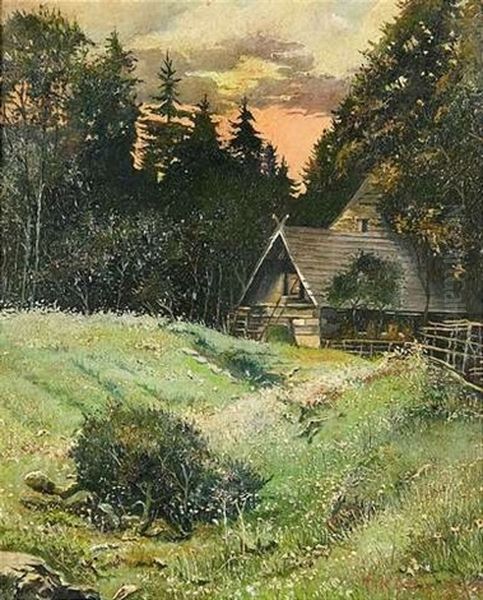 Landschaft Mit Bauernhaus Am Waldrand Bei Sonnenuntergang Oil Painting by Gavril Pavlovich Kondratenko