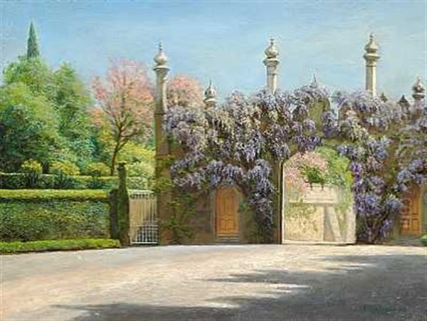 Uden For Paladsets Mure, Blomstrende Blaregn Snor Sig Op Ad Husmuren, I Parken Blomstrende Frugttraeer Oil Painting by Gavril Pavlovich Kondratenko