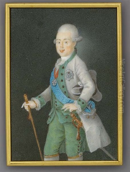 Grand Duke Paul Petrovich Of Russia, Tsar Of Russia As Paul I, Holding A Baton In His Right Hand, In Grey Coat, Green Waistcoat And Trousers, Frilled Cravat, Holding A Tricorn Hat Under His Left Arm Oil Painting by Anton Friedrich Koenig