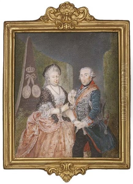 The Prussian Royal Silver Wedding Anniversary Portrait: Frederick The Great, King Of Prussia Presenting A Posy Of Pink Roses And Holding The Hand Of His Wife Elisabeth Christine Of Brunswick-bevern Oil Painting by Anton Friedrich Koenig