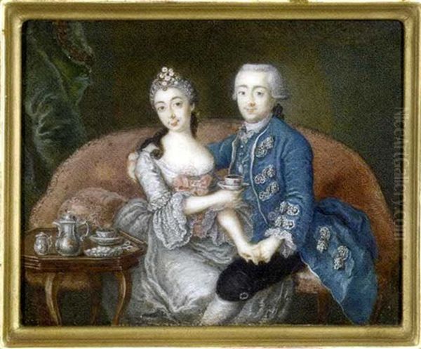 A Couple Seated On A Red Upholstered Sofa, The Gentleman Holding The Lady's Left Hand And His Right Arm Around Her Shoulders...she, Holding A Cup And Saucer Oil Painting by Anton Friedrich Koenig