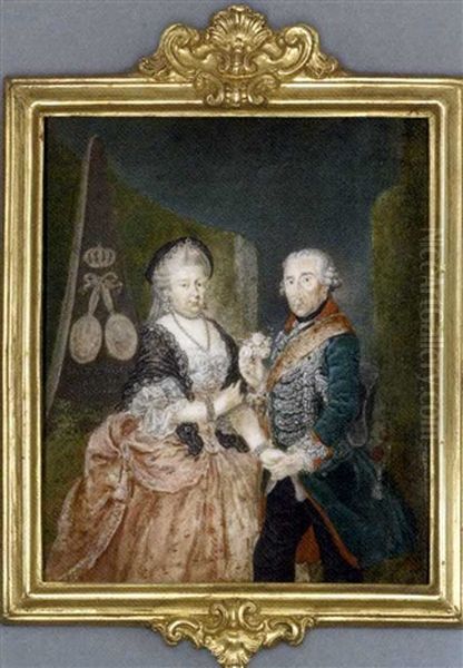 The Prussian Royal Silver Wedding Anniversary Portrait: Frederick The Great King Of Prussia Presenting A Posy Of Pink Roses, Holding The Right Hand Of His Wife, Elisabeth Christine Of Brunswick-bevern Oil Painting by Anton Friedrich Koenig