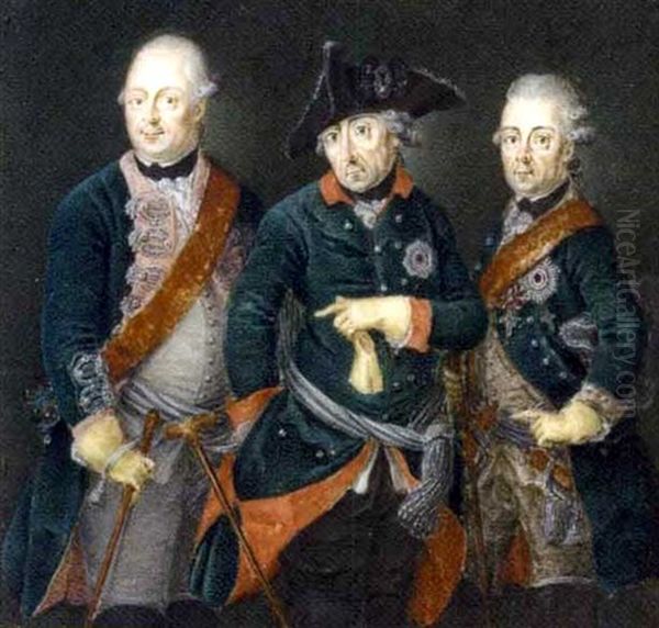 Frederick The Great, King Of Prussia, In The Uniform Of The Prussian Life Guards, Frederick William Ii, King Of Prussia, And Prince Henry Oil Painting by Anton Friedrich Koenig