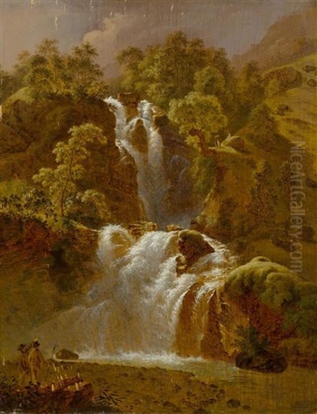 Wasserfall Mit Personenstaffage Im Vordergrund Oil Painting by Franz Niklaus Koenig