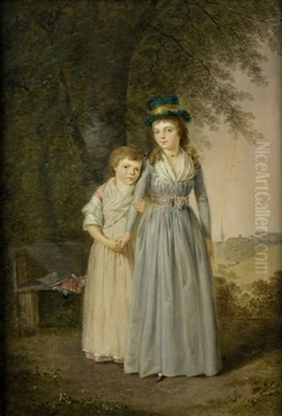 Die Zwei Tochter Des Pfarrers Muslin Oil Painting by Franz Niklaus Koenig