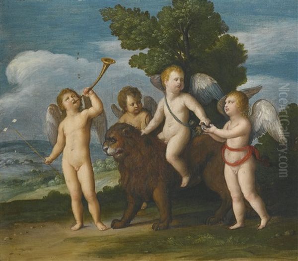 Four Putti With A Lion And Other Symbols Of The Resurrection Oil Painting by Johann (Hans) Konig