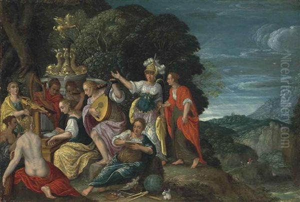 Minerva Visiting The Muses On Mount Helicon Oil Painting by Johann (Hans) Konig