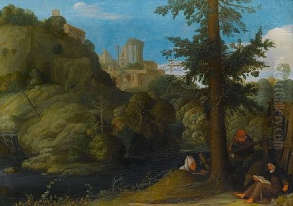 A Hermit With Two Travellers In A Wooded Landscape Oil Painting by Johann (Hans) Konig