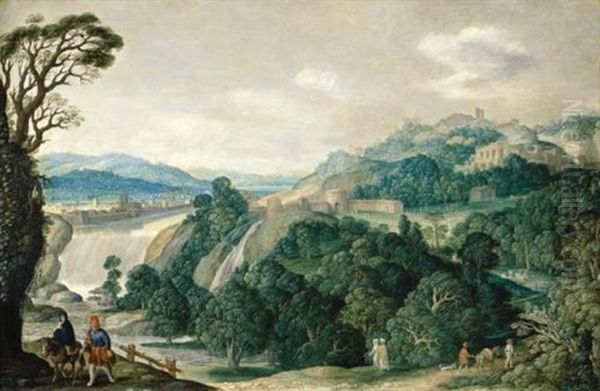 An Extensive Landscape With The Flight Into Egypt Oil Painting by Johann (Hans) Konig