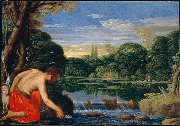 A Wooded River Landscape With Saint John The Baptist Oil Painting by Johann (Hans) Konig