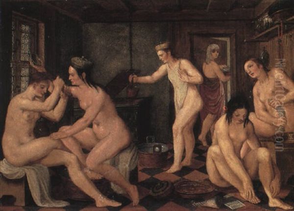 Women In A Bath House Oil Painting by Johann (Hans) Konig