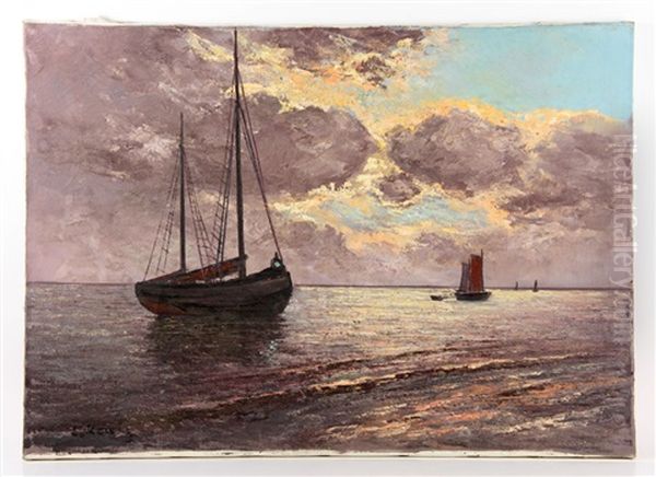 Seascape With Fishing Boats Oil Painting by Leo von Koenig