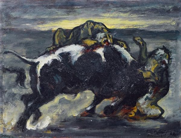 A Bull Fighting Against Two Tigers Oil Painting by Leo von Koenig