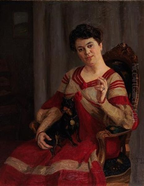 Portrait Einer Dame Mit Schoshund Und Zigarette Oil Painting by Leo von Koenig