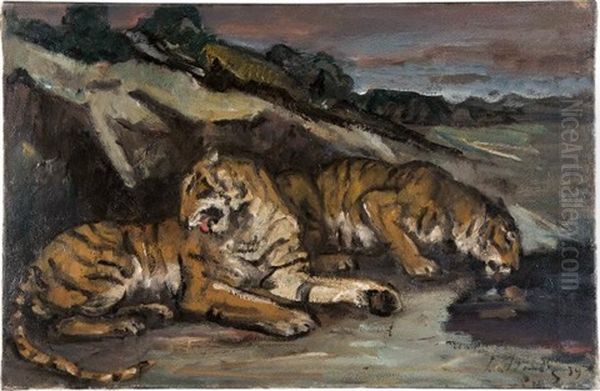 Liegende Tiger Oil Painting by Leo von Koenig