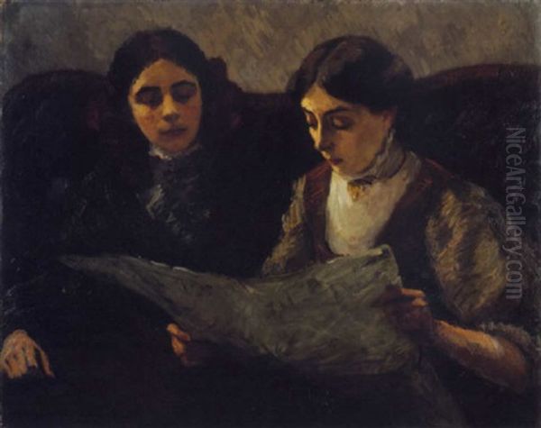 Beim Lesen Der Zeitung (mathilde Und Yvonne Lesend) Oil Painting by Leo von Koenig