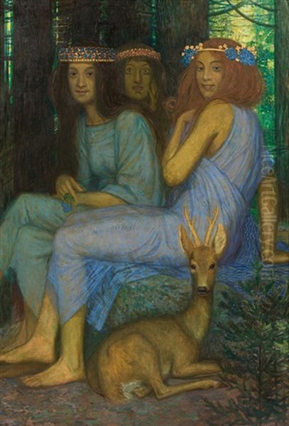 Three Nymphs With A Roebuck Oil Painting by Friedrich Koenig