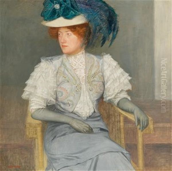 Portrait Of A Lady With A Green Feathered Hat And A Bow Oil Painting by Friedrich Koenig