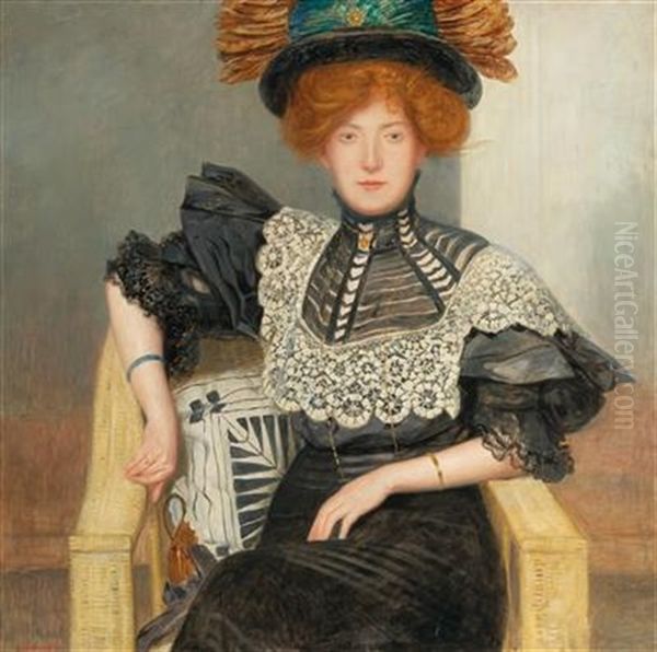 Portrait Of A Lady With Lace-trimmed Blouse And A Hat With Feathers Oil Painting by Friedrich Koenig