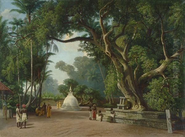 Ceylon: Monche Unter Einem Bodhi Baum Oil Painting by Hermann Reichsfreiherr von Koenigsbrunn