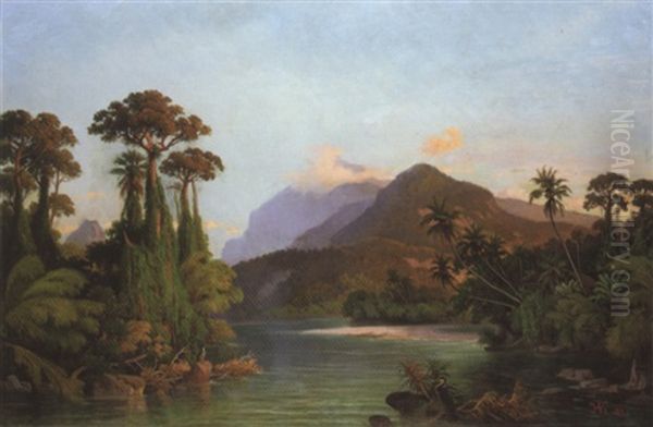 A Bay With Mountains Beyond, Ceylon Oil Painting by Hermann Reichsfreiherr von Koenigsbrunn