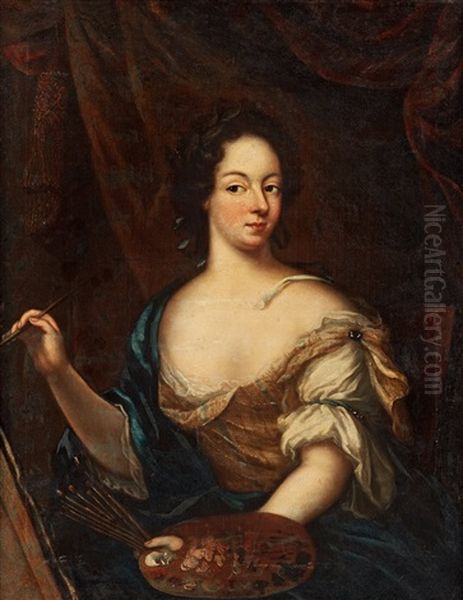 Selfportrait With Palette And Brushes Oil Painting by Amalia Wilhelmina von Koenigsmarck