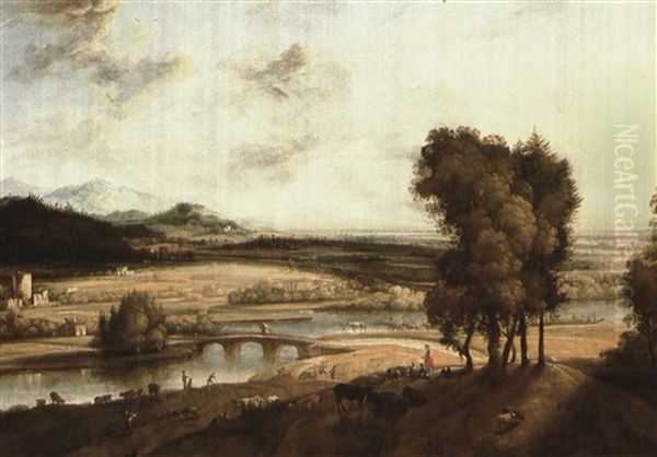 Extensive Landscape With A River And Mountains In The       Distance Oil Painting by Jacob Koninck the Elder