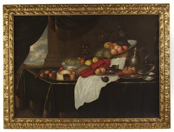 A Still Life Of Lobster, Fruit And Objets On A Table-top With A View Through A Window Oil Painting by Andries De Koninck