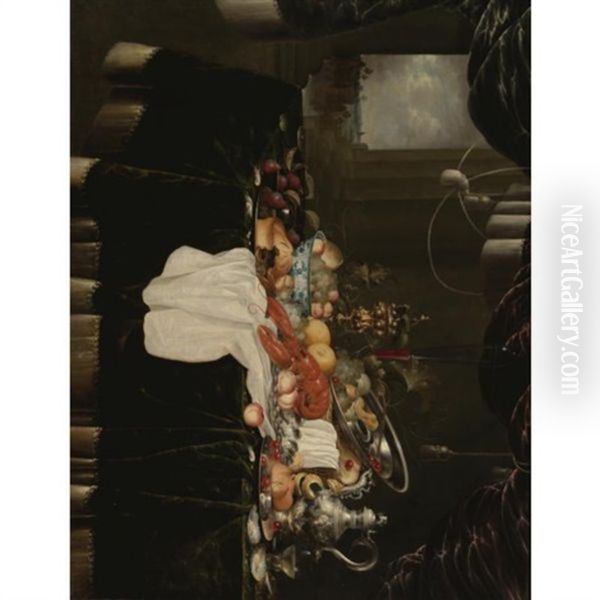 An Elaborate Still Life With A Lobster, Sweetmeat Pie, Oysters, Fruit, And A Blue And White Wanli Bowl, A Partly Filled Tall, Glass Flagon Of Wine, A Silver Pokal And Silver Jug Oil Painting by Andries De Koninck