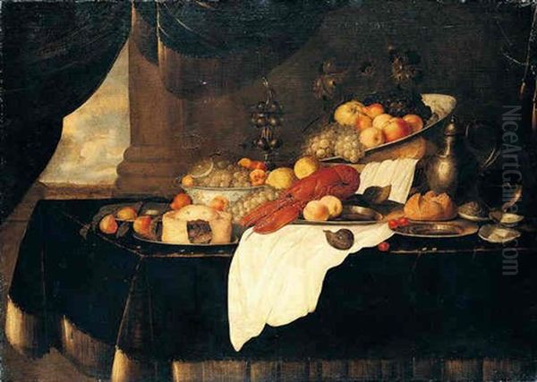 Still Life With Lobster, A Pie, And Various Fruits In Blue And White Bowls And On Pewter Plates Together With A Basket Of Bread, A Wine Glass... Oil Painting by Andries De Koninck