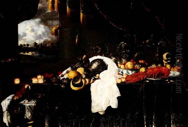 Elaborate Still-life Of Fruit And A Lobster With A Parrot Oil Painting by Andries De Koninck