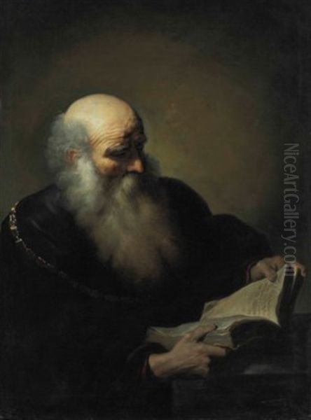 A Bearded Old Man Reading, Wearing A Brown Coat And A Golden Chain, Half-length Oil Painting by Daniel De Koninck