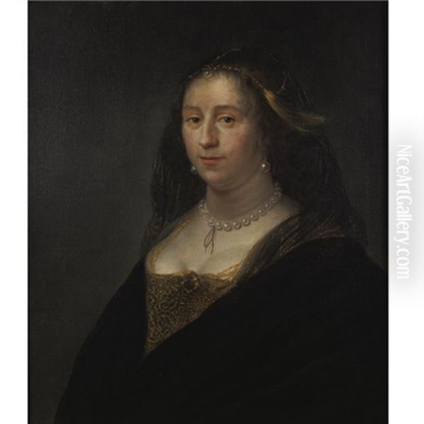 Portrait Of A Woman Wearing A Pearl Necklace Oil Painting by Daniel De Koninck