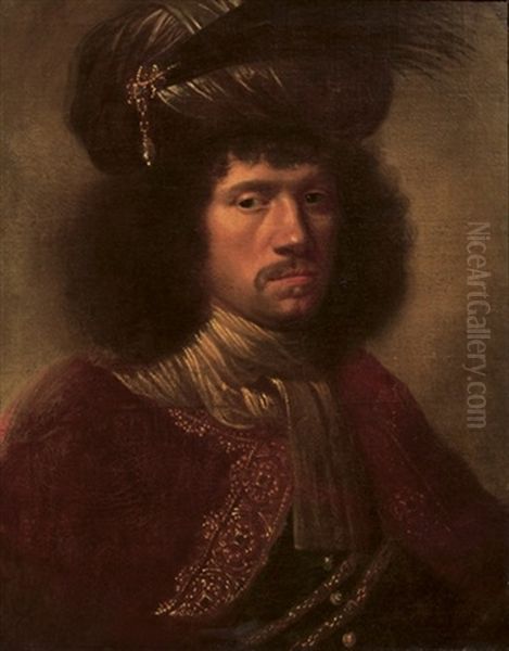 Portrait Of A Man Wearing A Plumed Turban And Gold Embroidered Red Cloak With A White Shawl Oil Painting by Daniel De Koninck