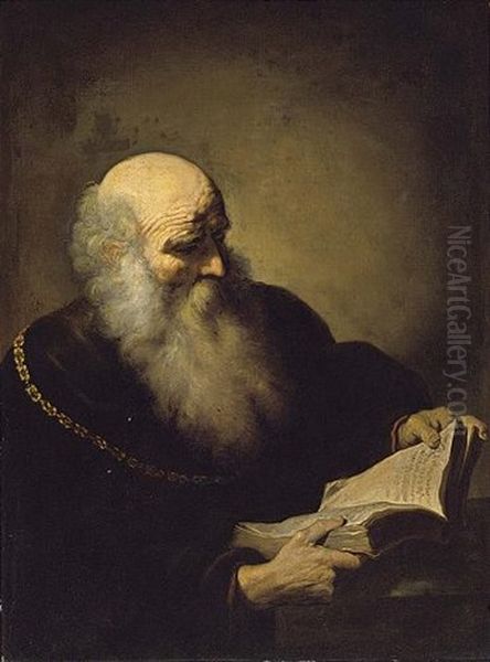 A Bearded Old Man Reading, Wearing A Brown Coat And A Golden Chain Oil Painting by Daniel De Koninck