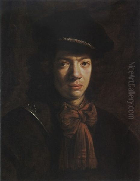 A Portrait Of A Young Man, Wearing A Cuirass With A Red Shawl, A Cravat And A Beret Oil Painting by Daniel De Koninck