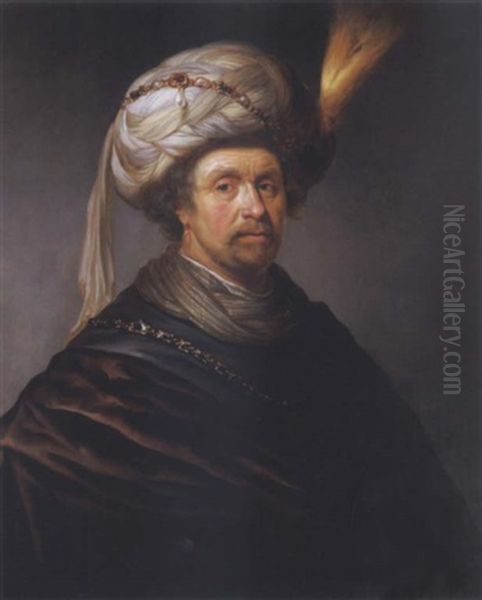 Portrait Of A Man Wearing A Plumed Turban And A Chain Of Office On A Brown Cloak Oil Painting by Daniel De Koninck