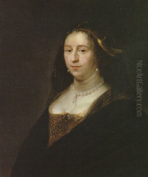 Portrait Of A Lady, Wearing A Gold Embroidered Dress And Headdress With A Black Cloak Oil Painting by Daniel De Koninck