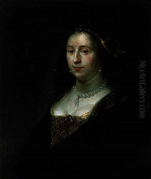 Portrait Of A Lady Wearing A Gold-embroidered Dress And Headdress With A Black Cloak Oil Painting by Daniel De Koninck