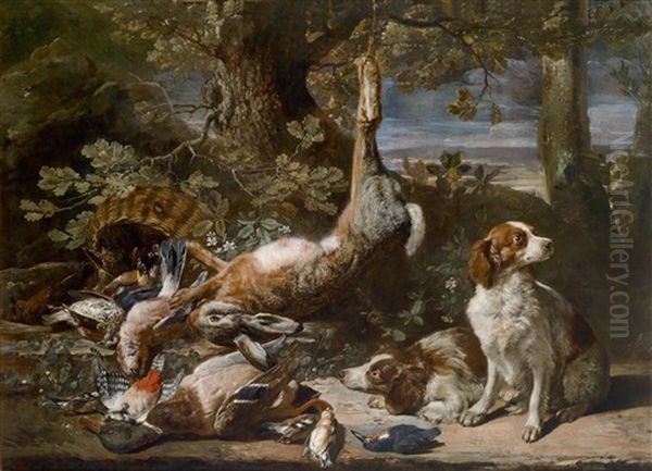 Ein Jagdstillleben Mit Erlegtem Niederwild Und Zwei Hunden Oil Painting by David de Koninck