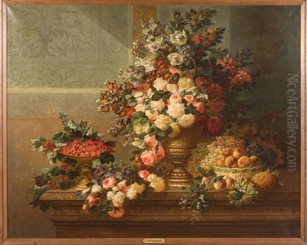 Coupes De Fruits Et De Fleurs Sur Une Entablement Oil Painting by Edmond De Koninck