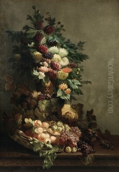 Nature Morte Au Bouquet De Fleurs Et Au Panier De Fruits Oil Painting by Edmond De Koninck