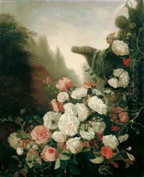 Blumenarrangement Vor Einem Brunnenbecken Oil Painting by Edmond De Koninck