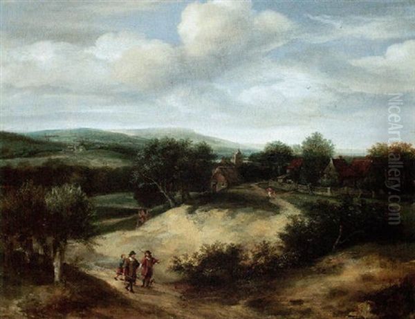 An Open Landscape With Huntsmen On A Track Before A Village Oil Painting by Jacob Koninck