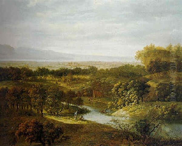 Extensive Landscape With Figures By The Banks Of A River Oil Painting by Jacob Koninck