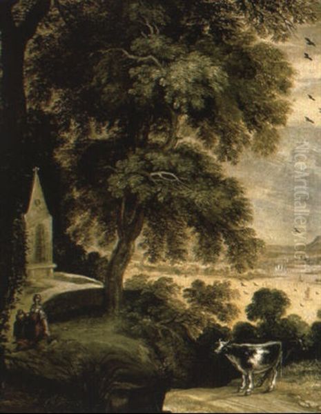 A Wooded Landscape With Cattle On A Track And A Maid Outside A Chapel Oil Painting by Kerstiaen Koninck