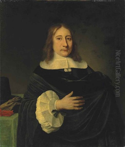 Portrait Of A Gentleman In A Black Mantle With A Lace Collar And Cuffs, His Hat And Gloves On The Table Behind Him Oil Painting by Philips Koninck