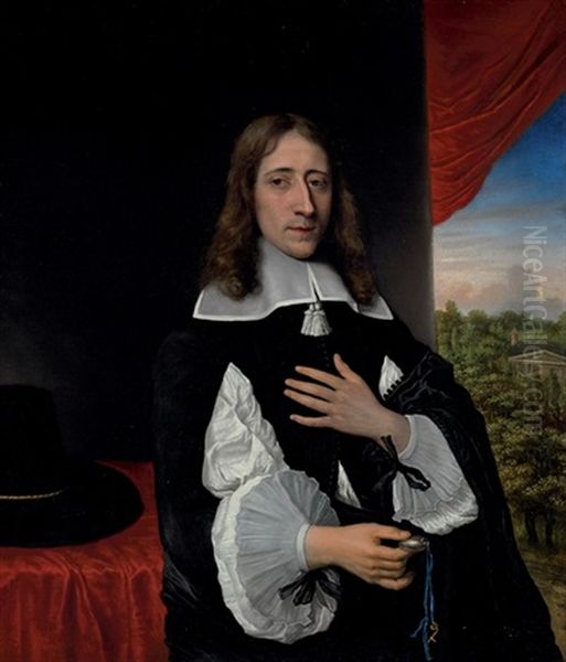 Portrait Of Professor Franciscus Van Schooten Holding A Pocket Watch by Philips Koninck