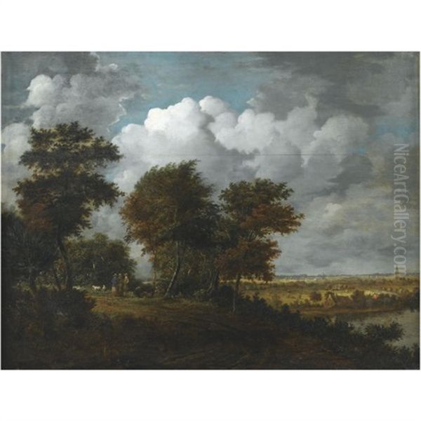 An Extensive Landscape With Figures And Sheep On A Path Through Woodland To The Left, And A Distant View Across A River To A Broad Plain To The Right by Philips Koninck