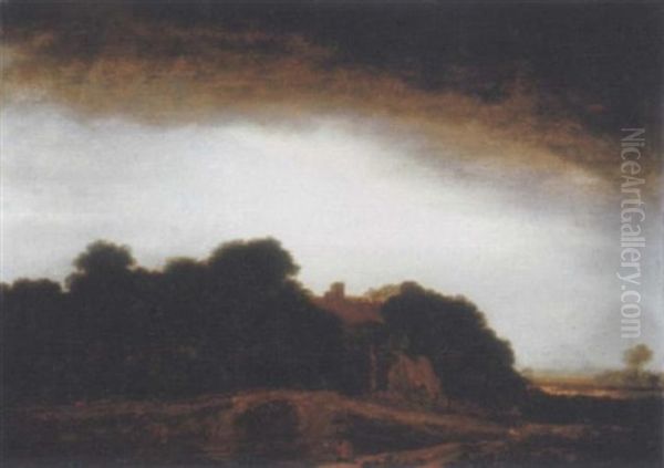 A Wooded Landscape With A Cottage By A Path At Dusk, With An Artist Sketching In The Foreground Oil Painting by Philips Koninck